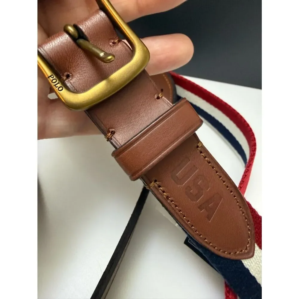 Polo Ralph Lauren Men’s 3X Canvas Stripe Belt Leather Golf Classic Preppy